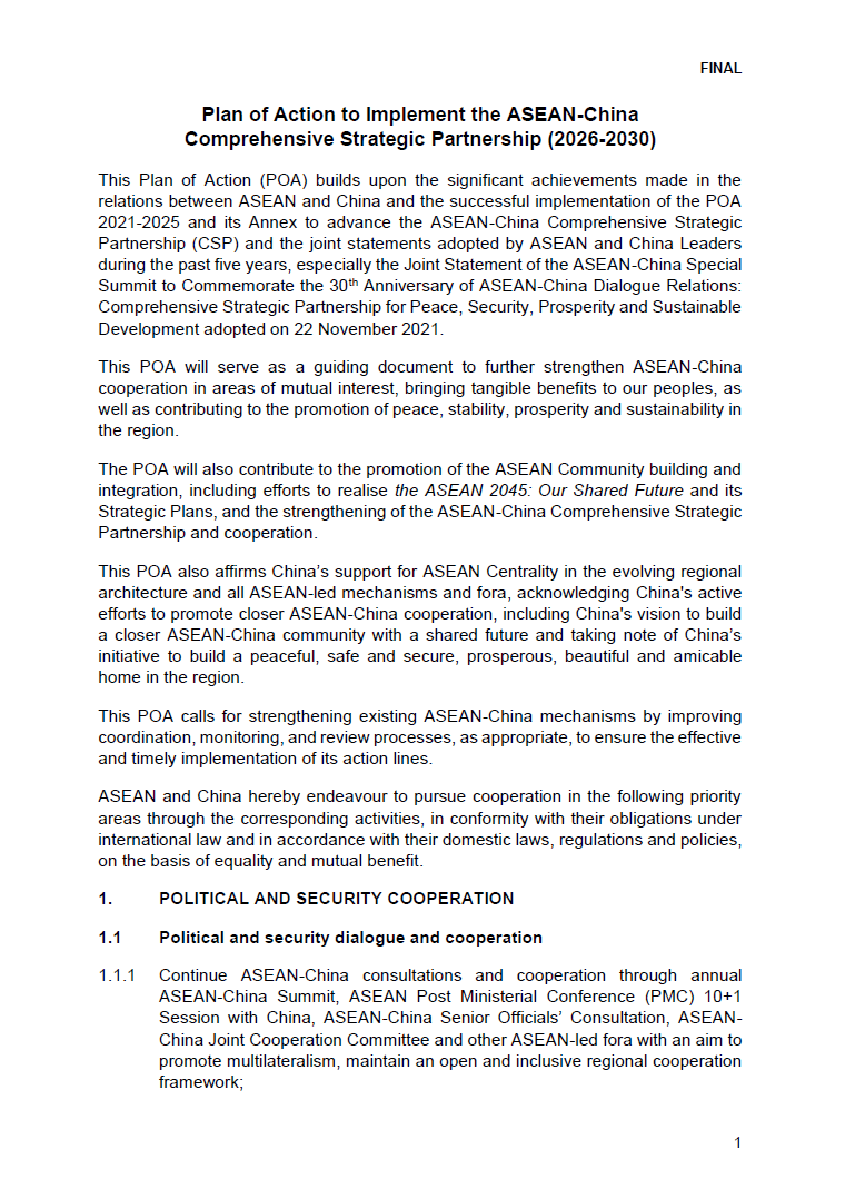 Plan of Action to Implement the ASEAN-China Comprehensive Strategic Partnership (2026-2030) English Version